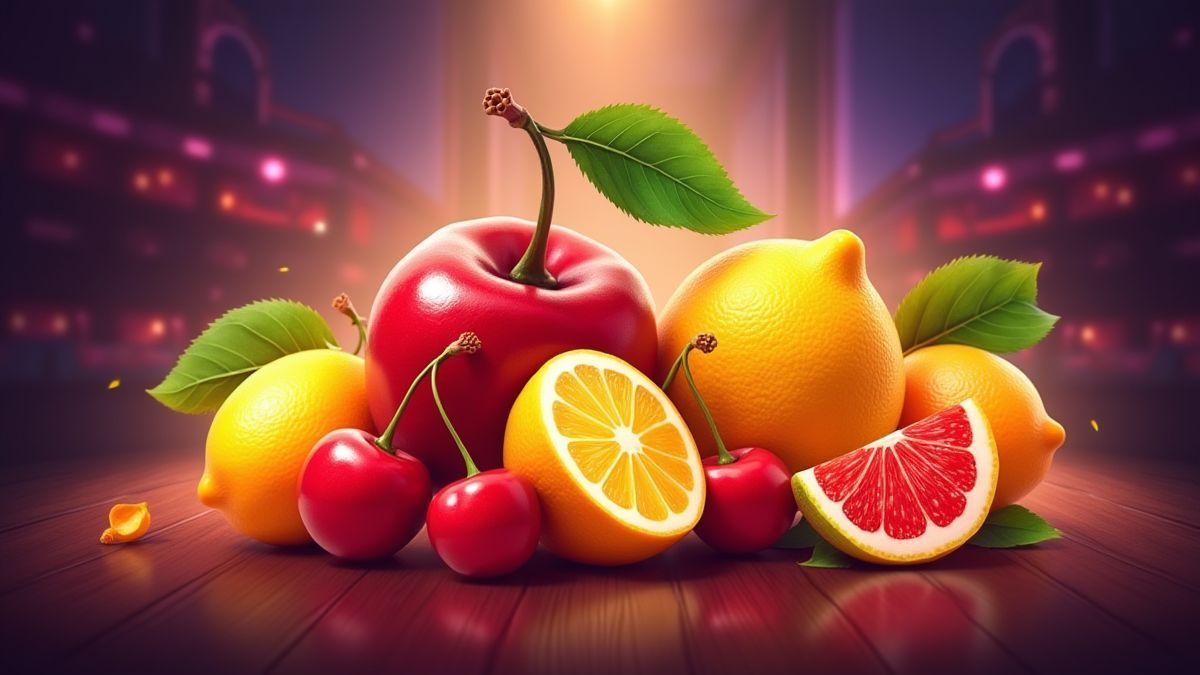 Fruits colorés sous des lumières brillantes de casino.