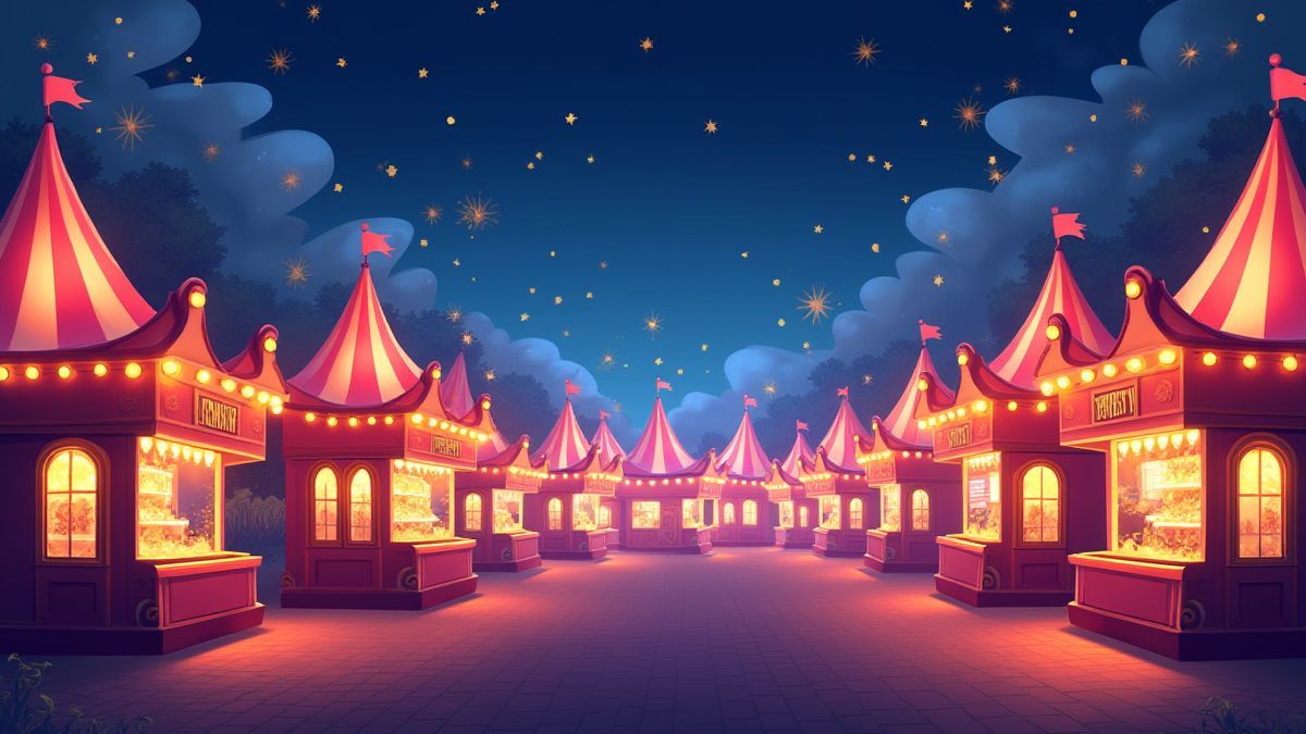 Scène de carnaval avec lumières brillantes et couronnes dorées.