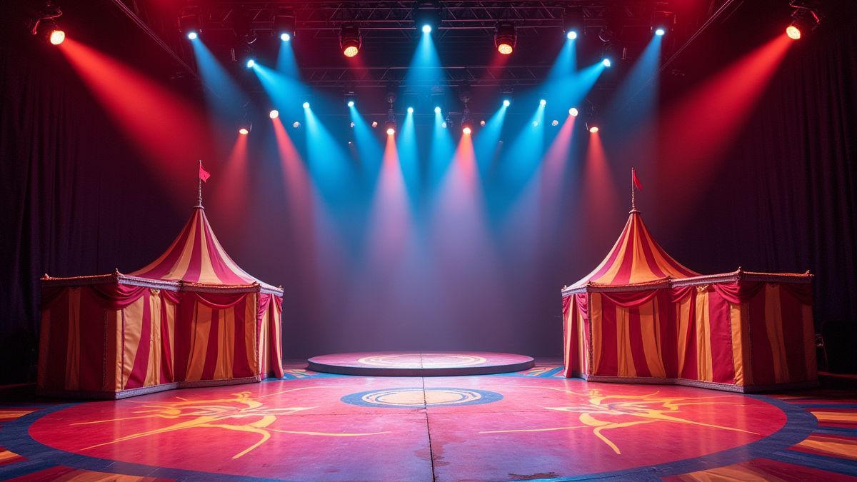 Een levendig circuspodium met kleurrijke rekwisieten en lichteffecten.