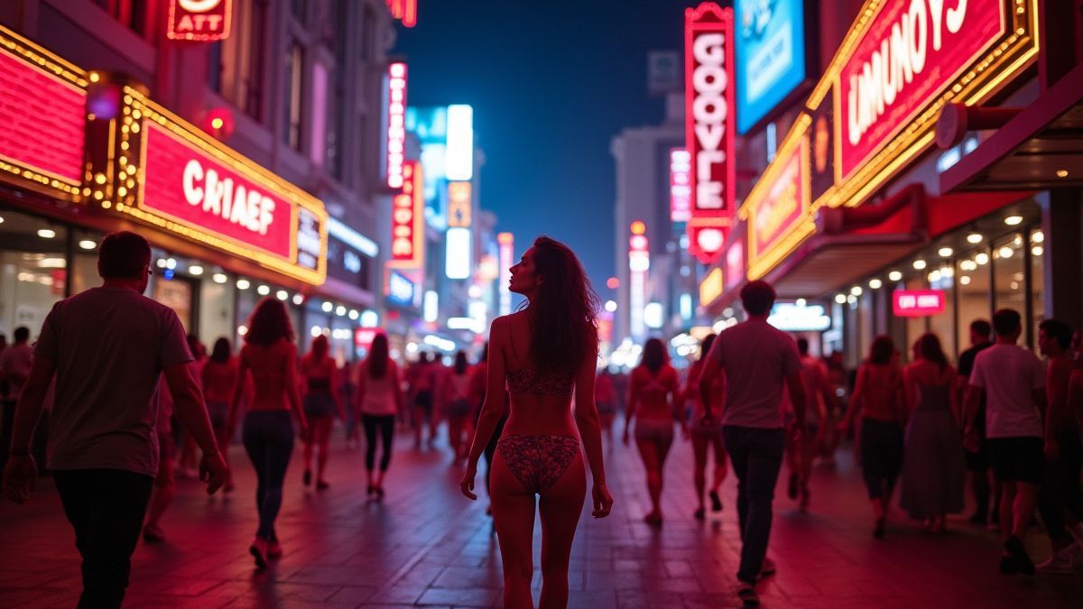 A Las Vegas street illuminated by neon lights with dancers and a lively atmosphere.