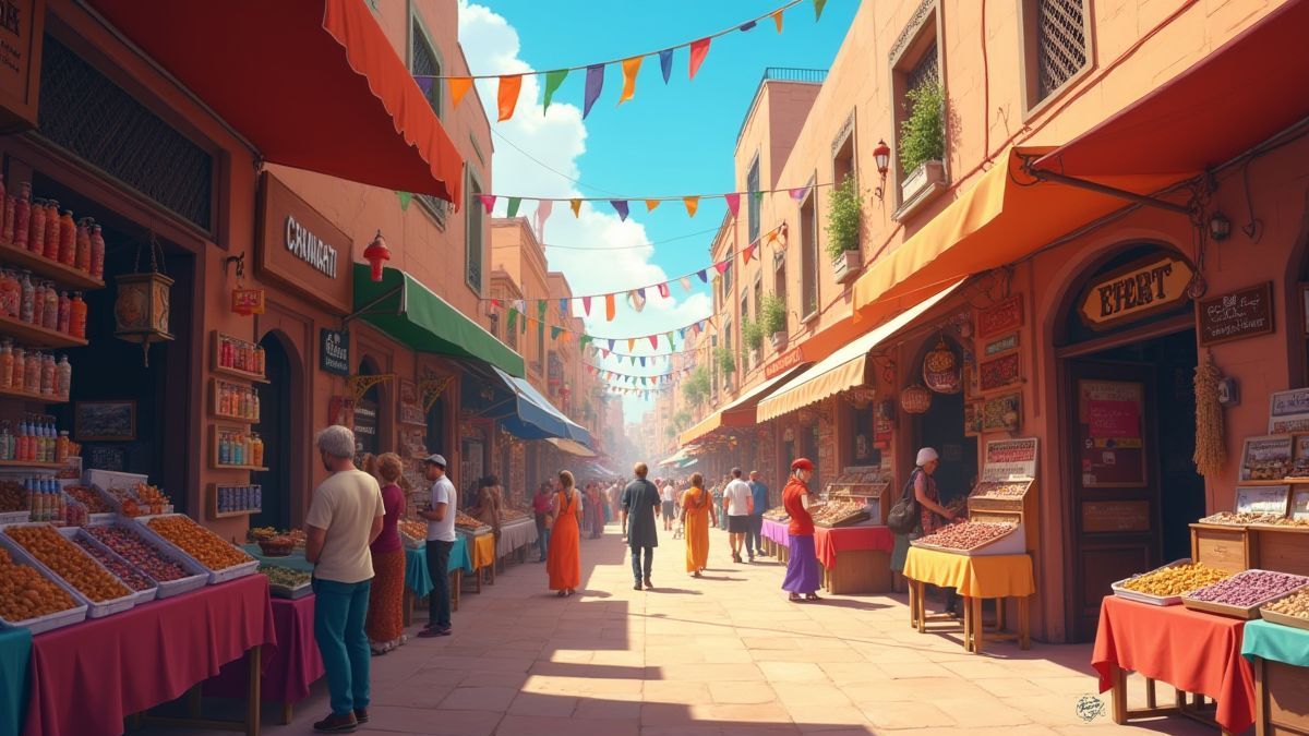 Bazares animados y comerciantes en un puerto exótico.