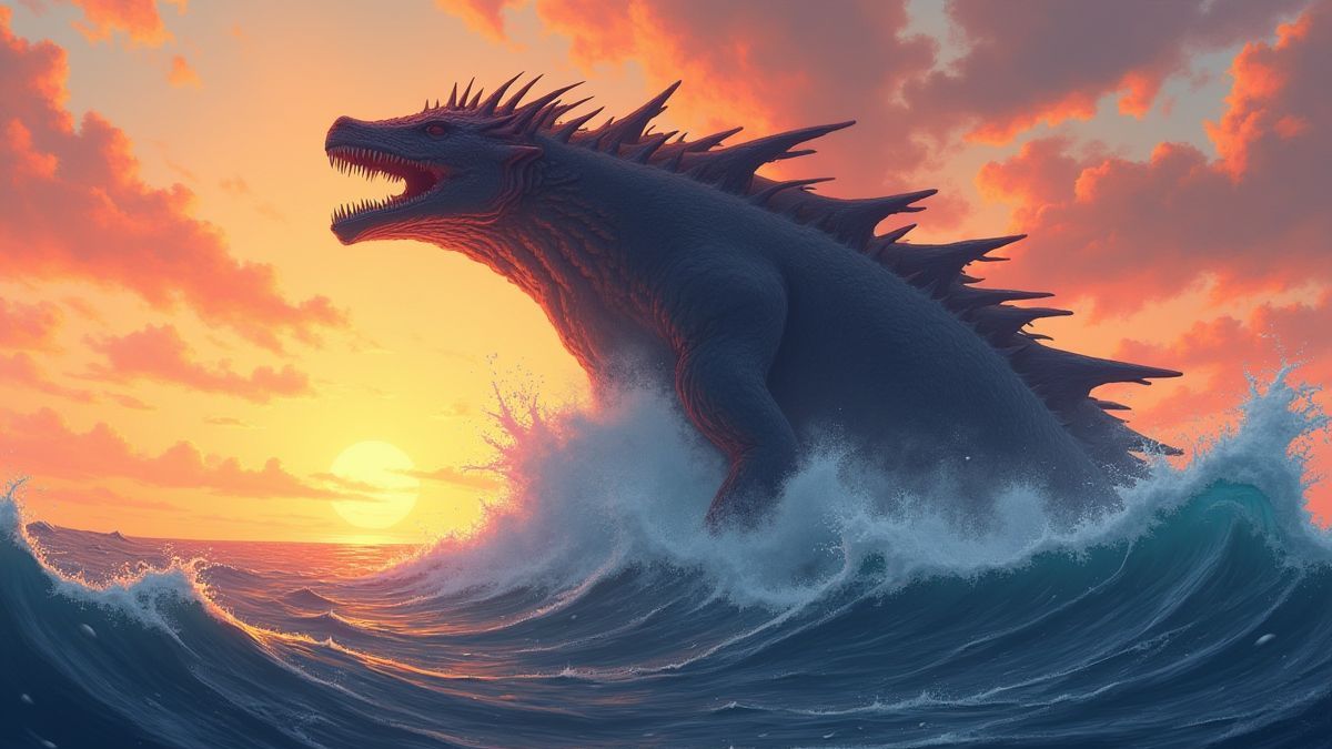 Criatura marina colosal emergiendo del océano bajo el atardecer.