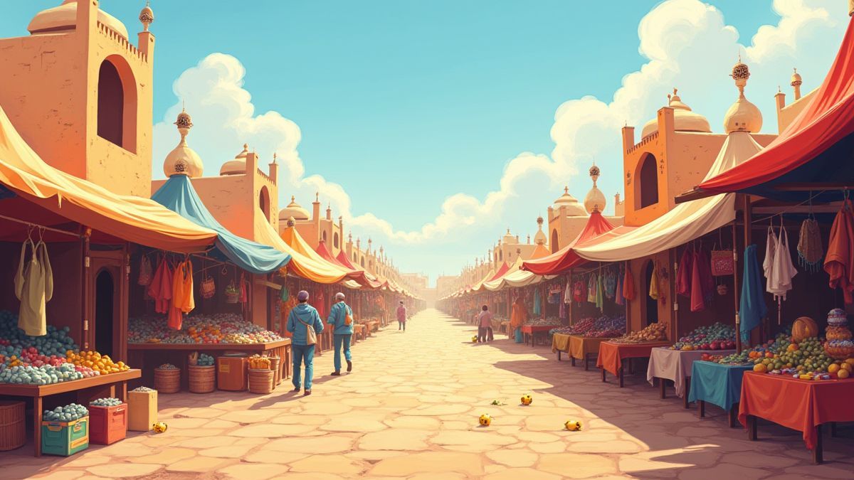 Un bazar du Moyen-Orient avec des boutiques colorées et des marchandises.