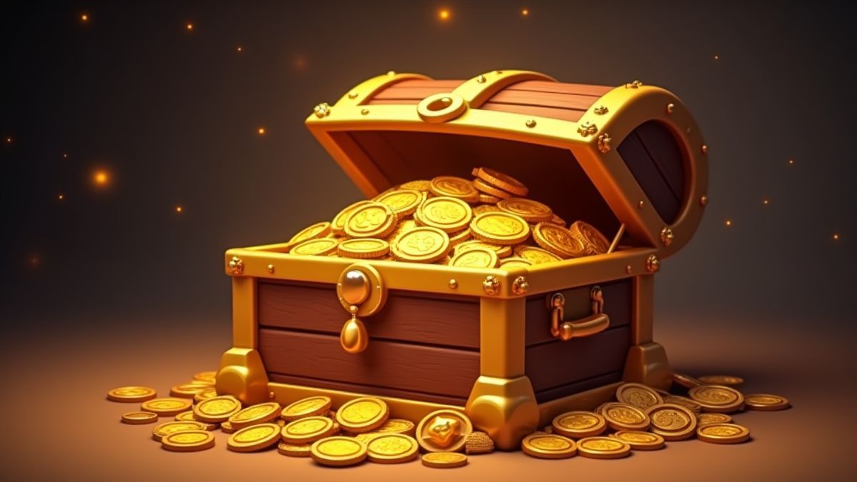 Des pièces d'or et des bijoux sortant d'un coffre au trésor.