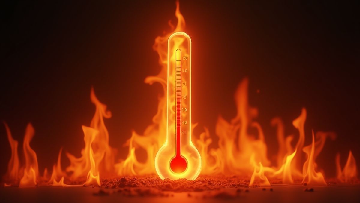 Thermometer rising in temperature surrounded by flames.