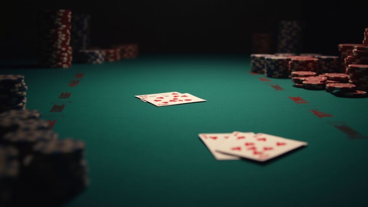 Mesa de blackjack minimalista com uma baraja e fichas.