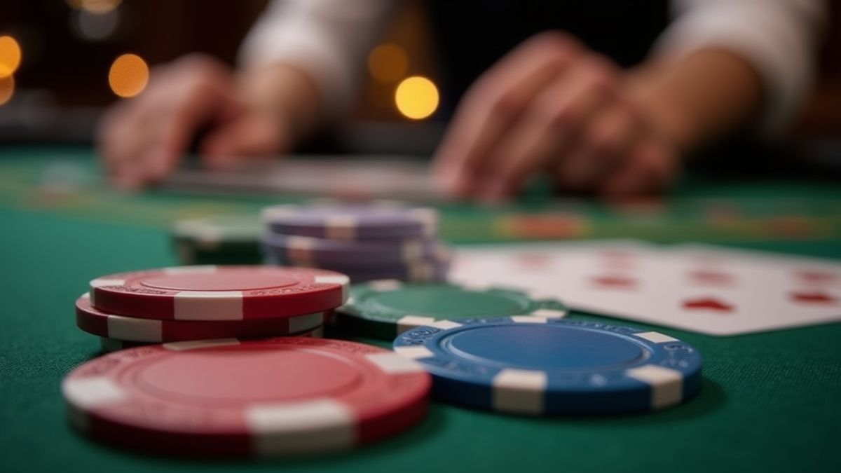 Fichas e cartas em uma mesa de cassino com mãos do dealer.