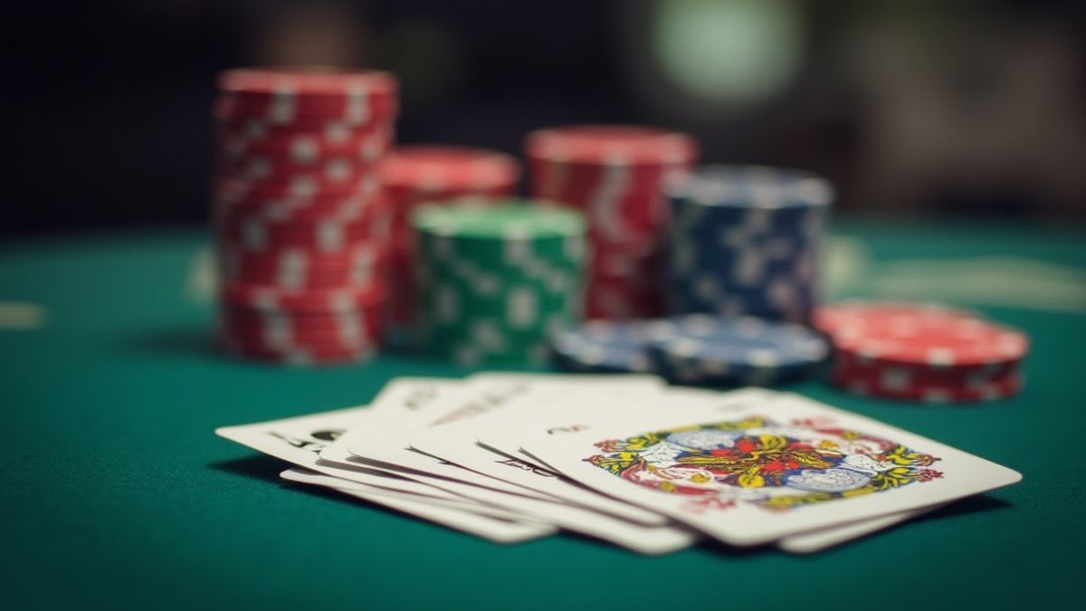 Kartenspiel und Pokerchips auf einem Tisch.
