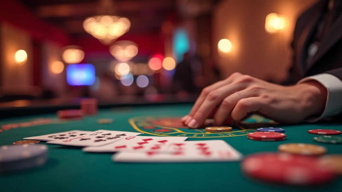 Spieler in einem Casino mit Karten und Chips.