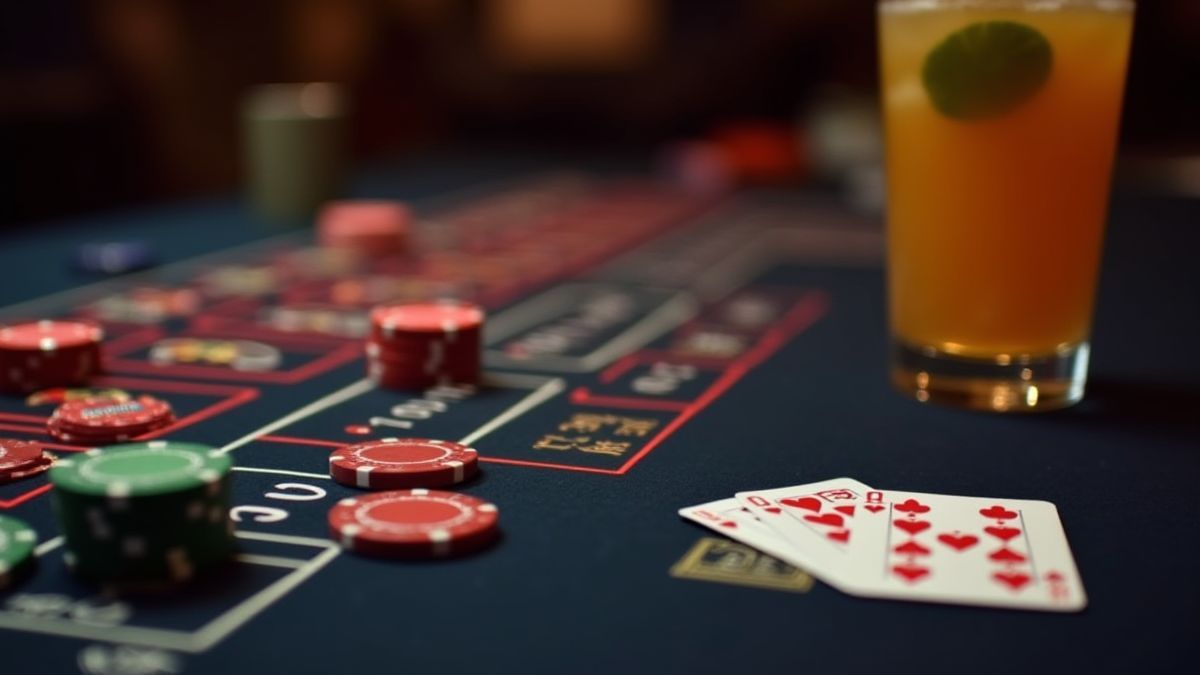 Casino-Tisch mit Chips, Karten und einem Getränk.