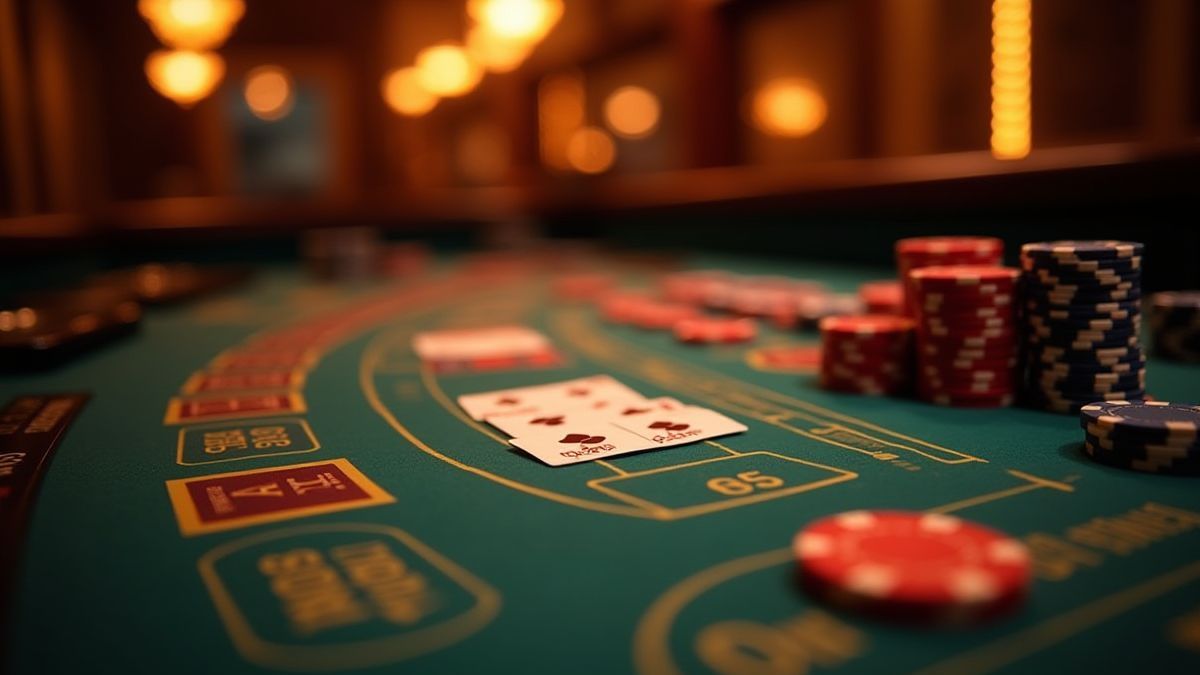 Casino table with chips and cards under warm light.