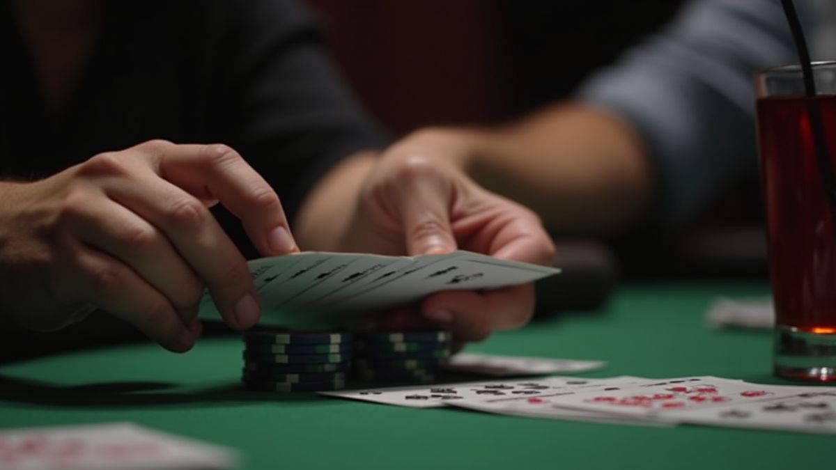 Hand counting cards with chips and drink on the table.