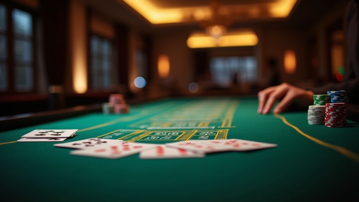 Mesa de cassino moderna com cartas e fichas dispostas cuidadosamente.