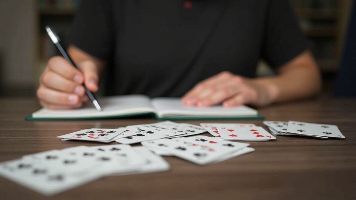 Pessoa estudando estratégias de blackjack com cartas e um caderno.