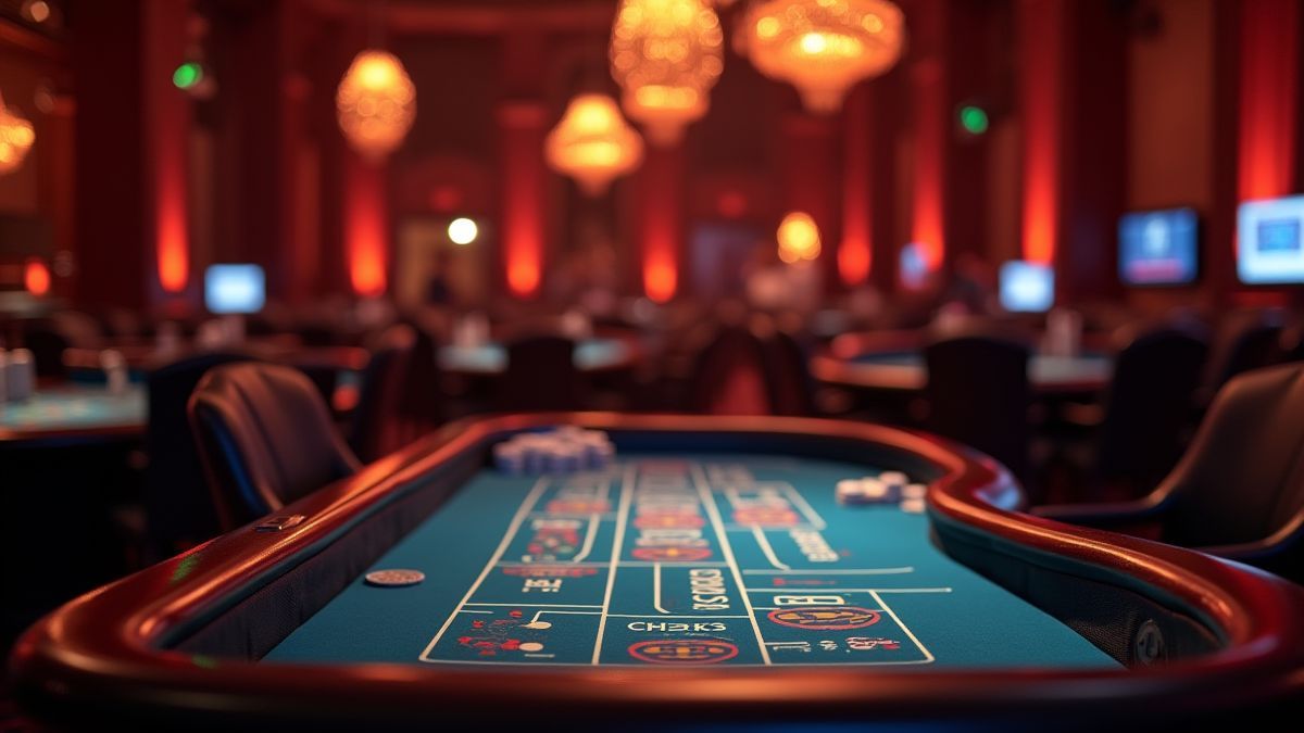Ambiente de cassino luxuoso com iluminação suave e mesa de blackjack.