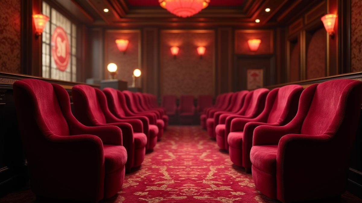 Un casino elegante con sillas de terciopelo y luces tenues.