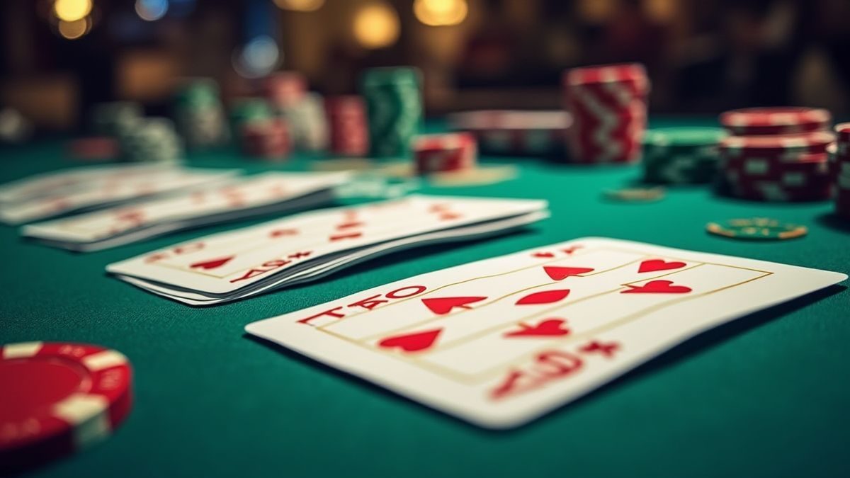 Mesa de blackjack con cartas y fichas organizadas.