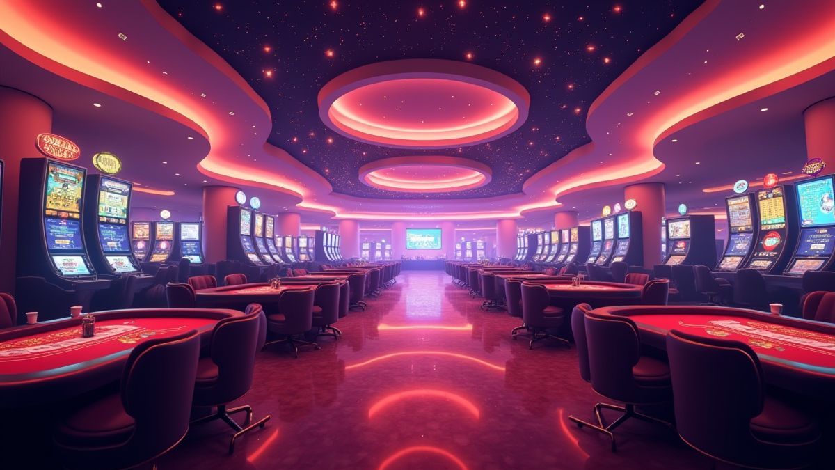 Suelo de casino animado con luces vibrantes y jugadores disfrutando.