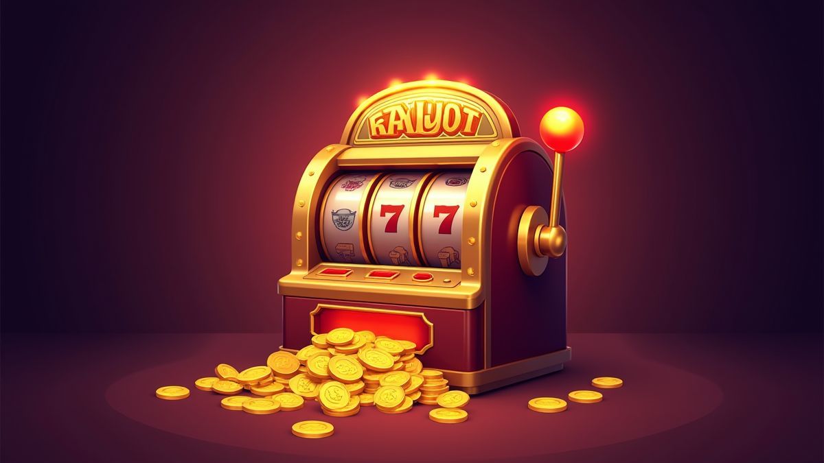 Retro slot machine with illuminated jackpot and golden coins.