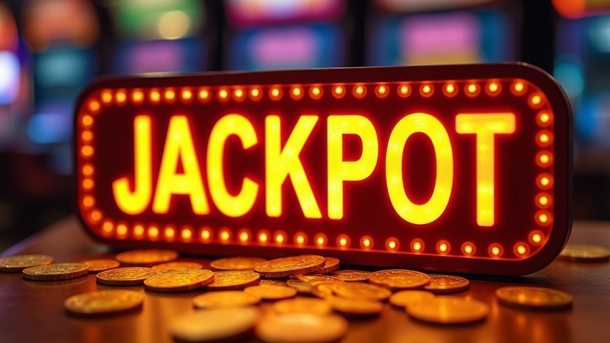 Illuminated jackpot sign surrounded by golden coins.