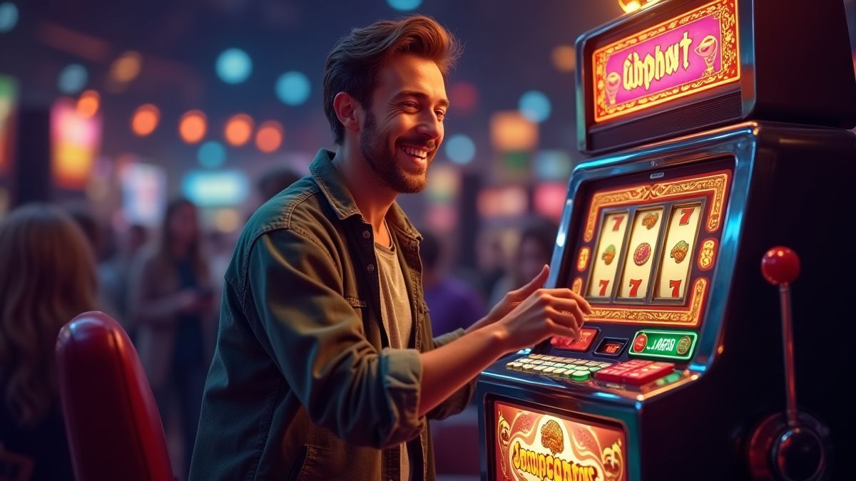 Happy player playing a slot machine with coins nearby.