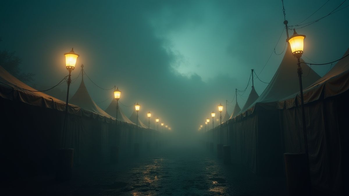 Una escena de circo con faroles tenues y niebla misteriosa rodeando las carpas.