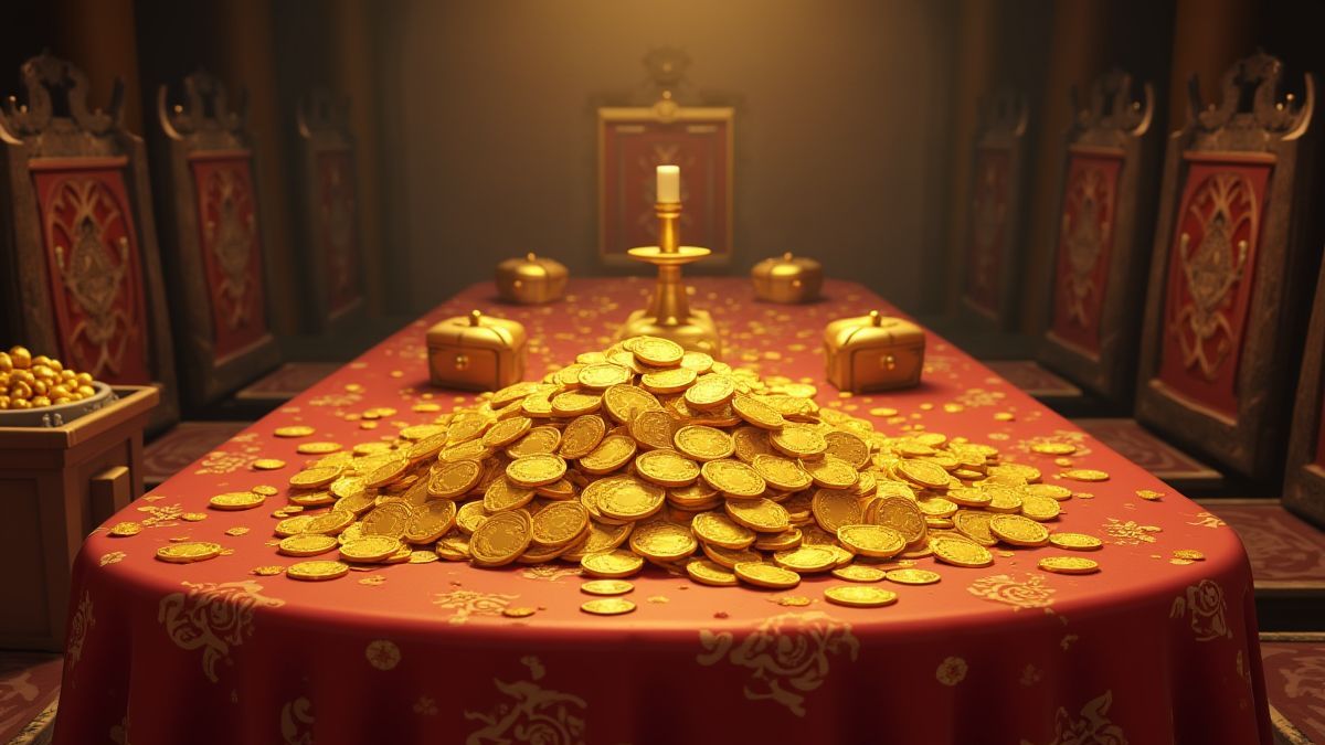 Medieval table full of gold coins and jewels.