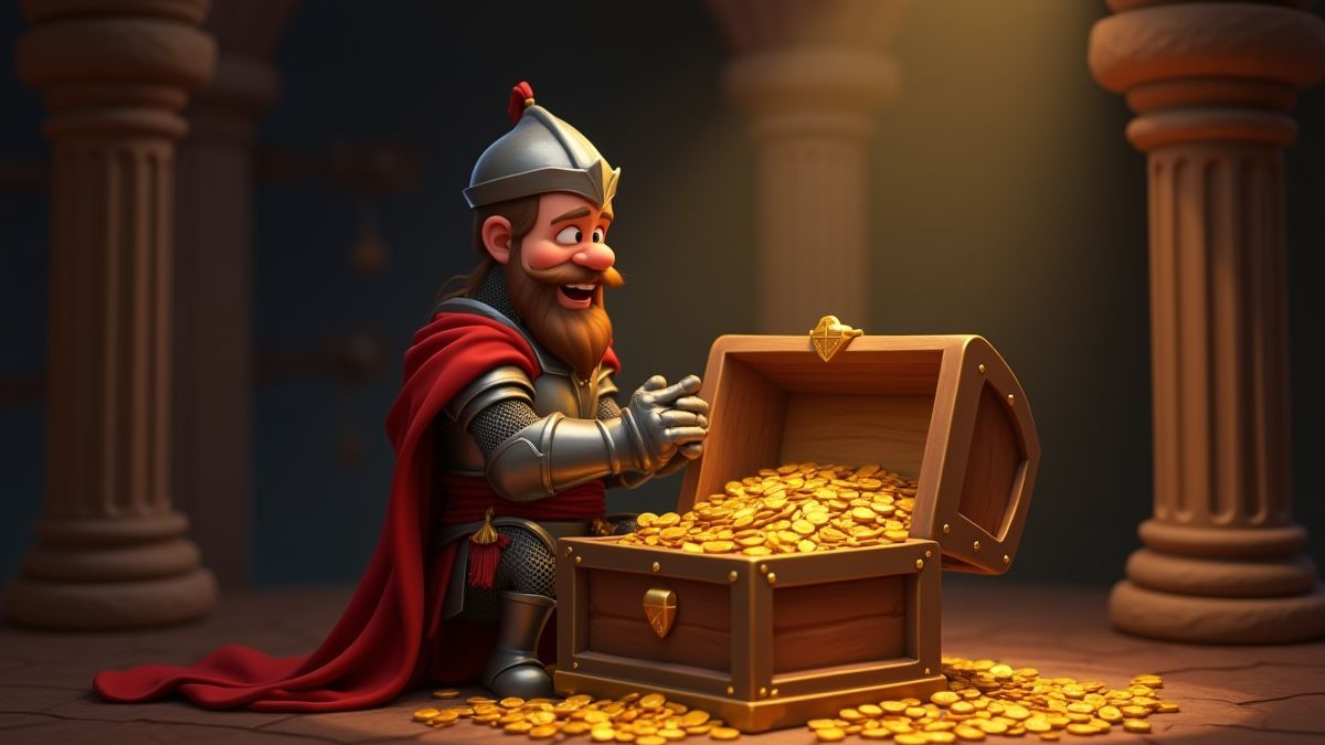 Medieval knight counting gold coins in a chest.