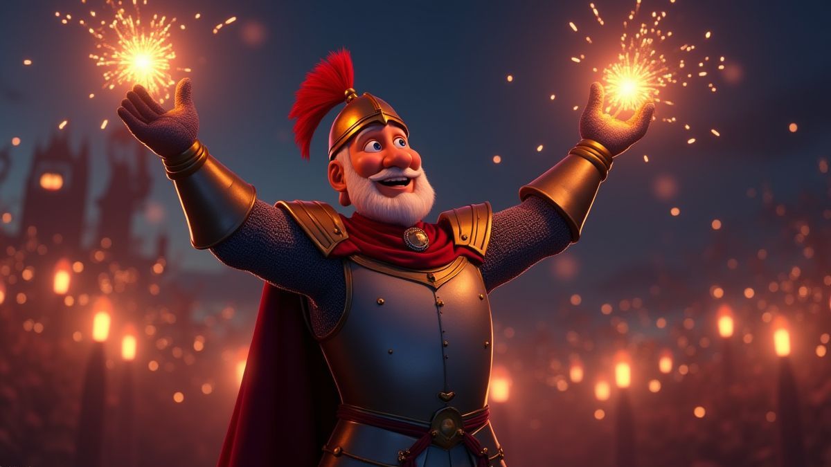 Medieval knight celebrating with fireworks.