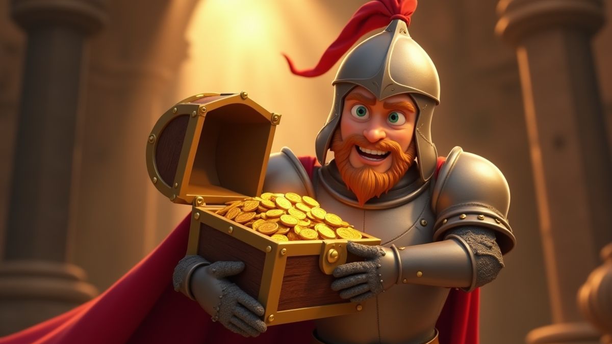 Caballero medieval animado con un cofre lleno de monedas.