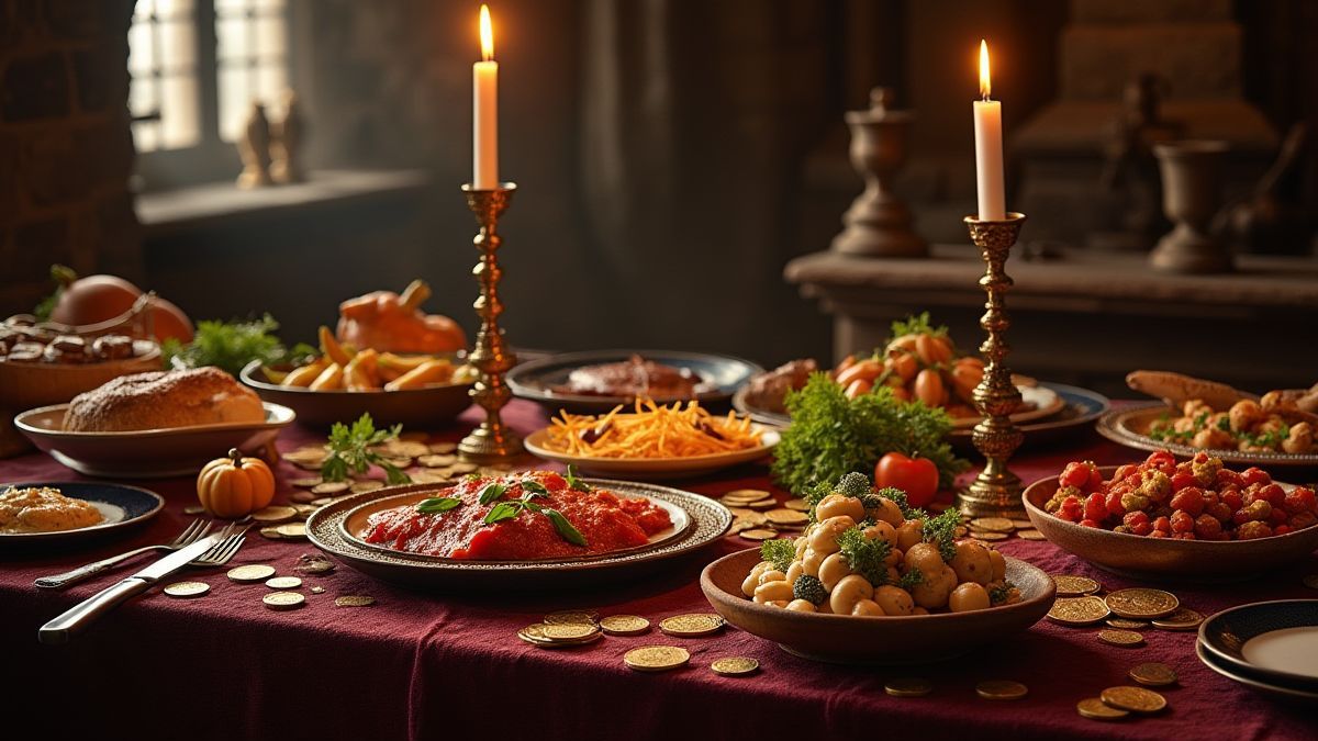 Banquete medieval en un castillo con monedas de oro.