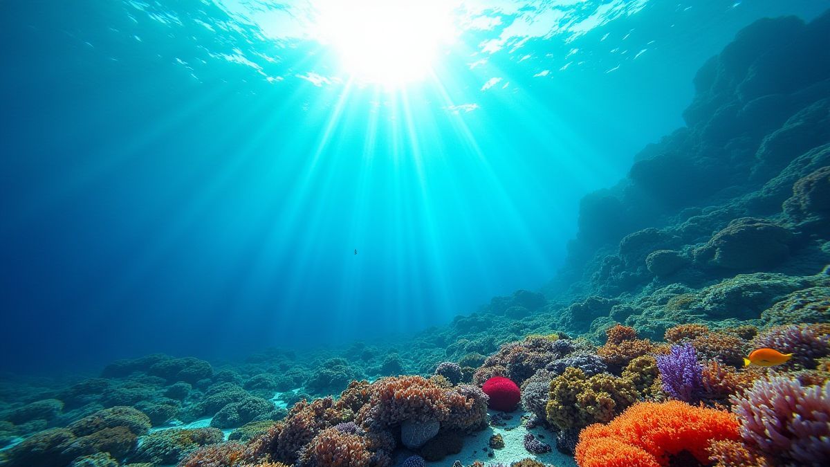 Um mundo submarino cheio de corais coloridos e raios de sol.