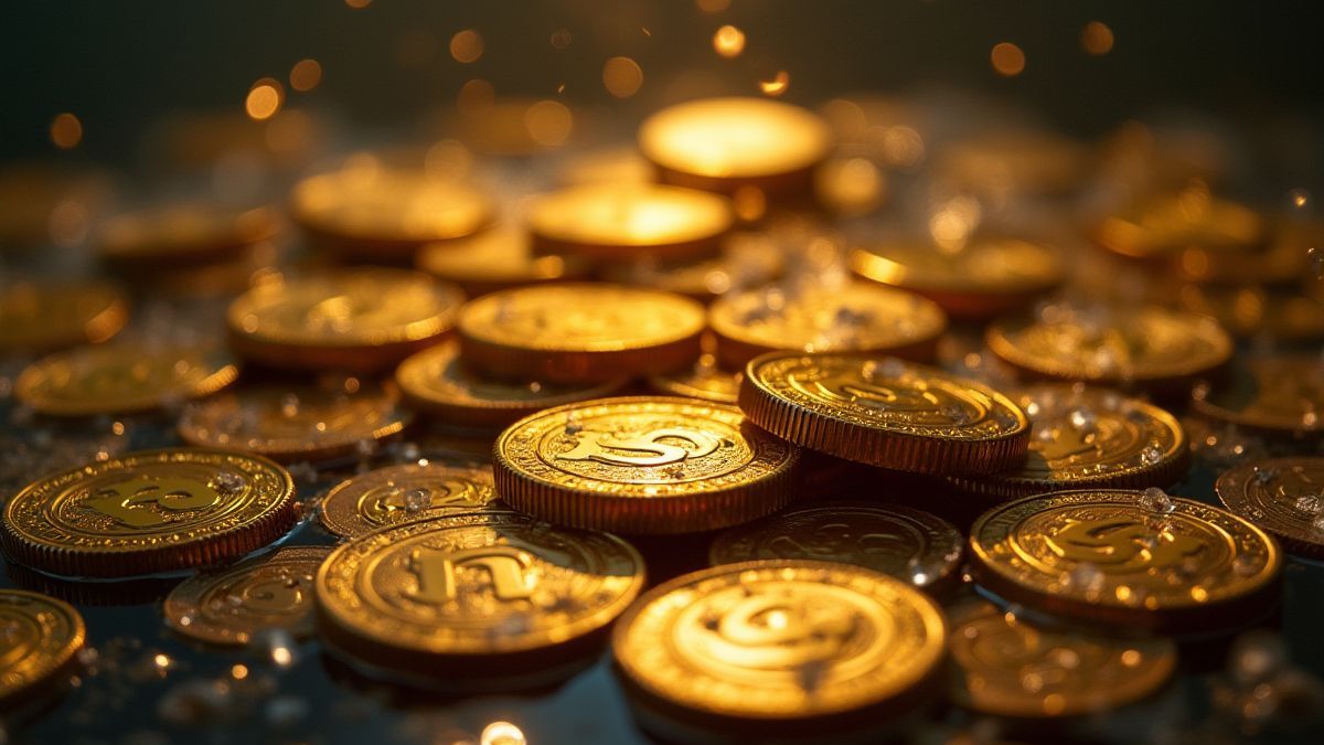 Moedas de ouro e tesouros brilhando sob a água.