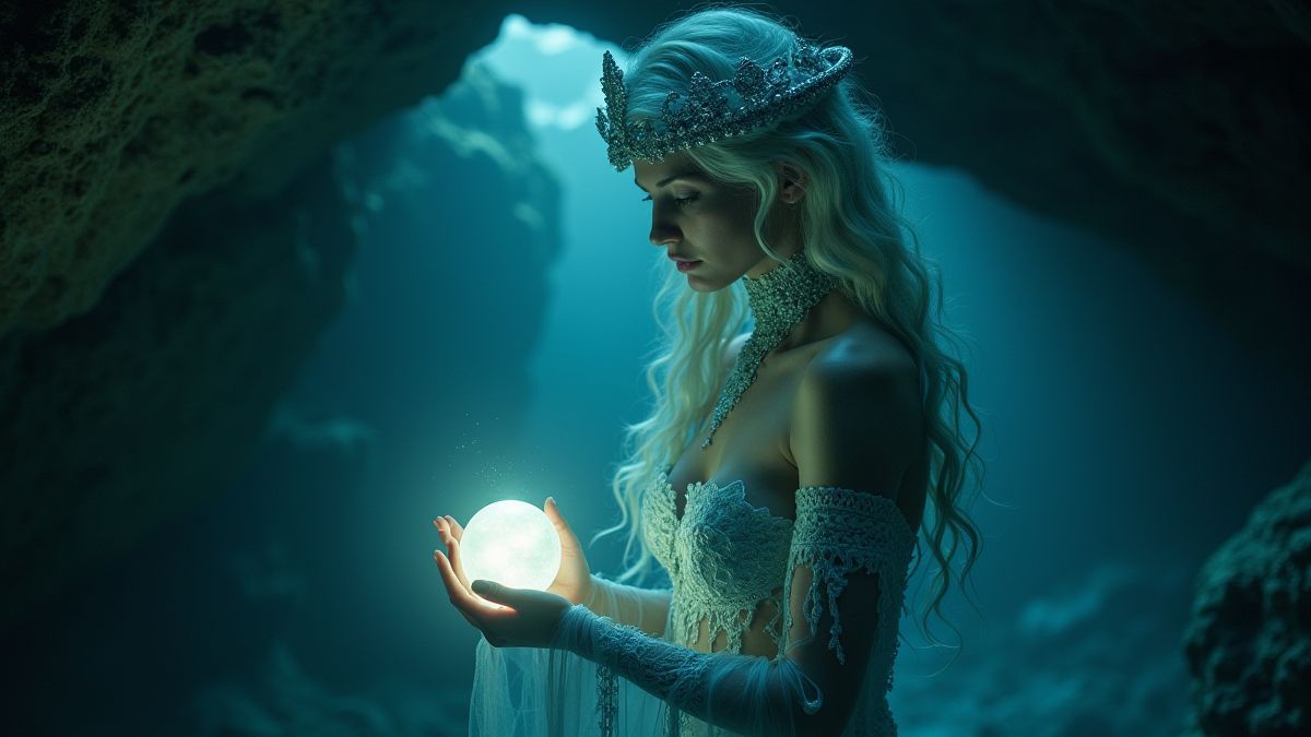Eine sirena mística sosteniendo una perla brillante en una cueva submarina.