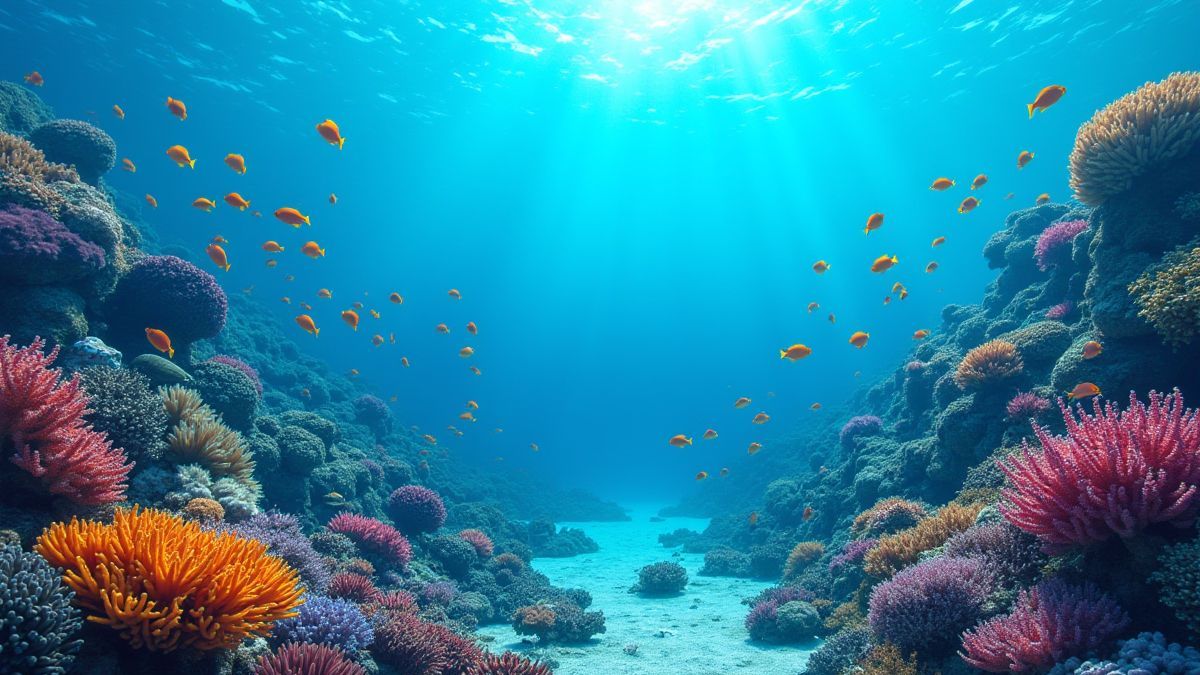 Un paisaje submarino lleno de coral y peces de colores.