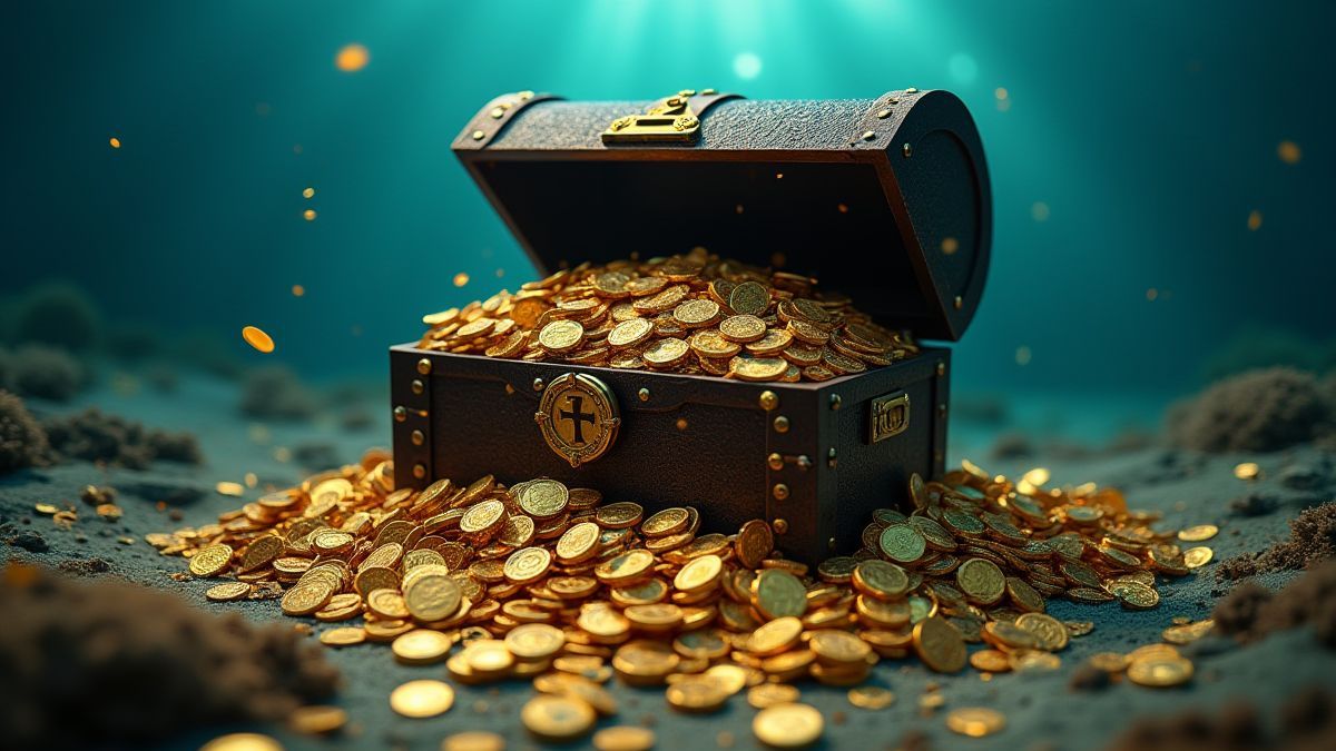 Un cofre del tesoro lleno de monedas de oro y joyas bajo el agua.