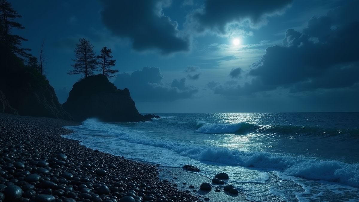 Costa rocosa com sereias míticas sob a luz da lua.
