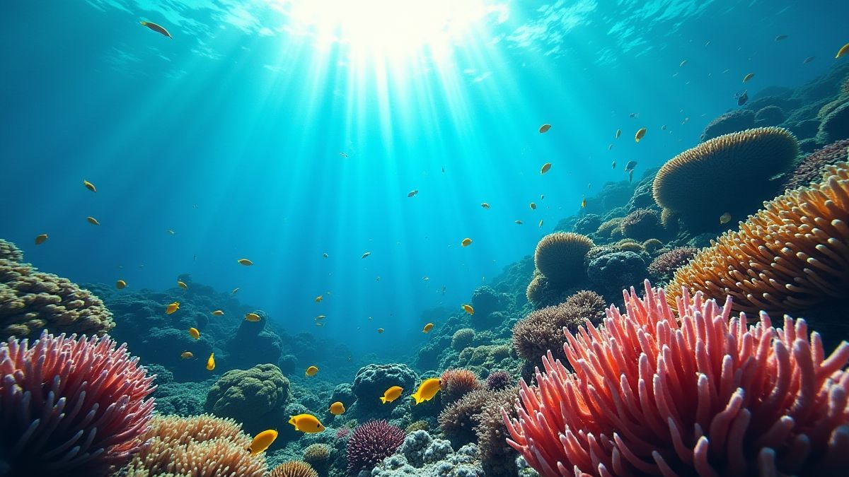 Ein Korallenriff voller kleiner Fische und Sonnenlicht.
