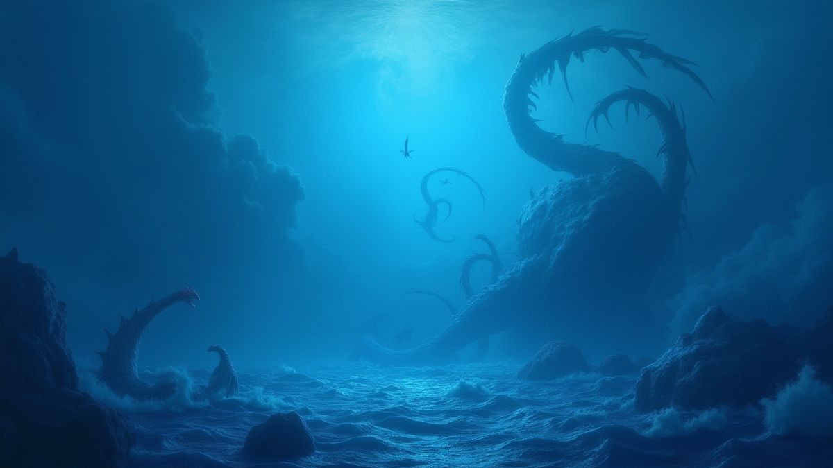 Océano profundo con criaturas míticas en un escenario crepuscular.