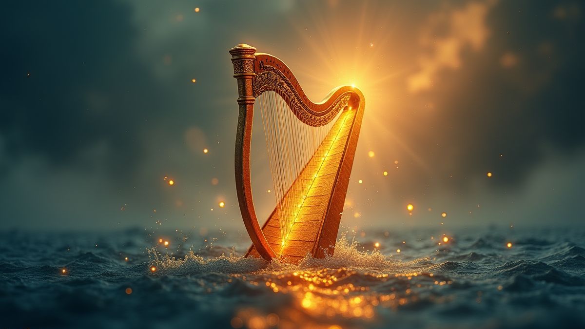 Lira dorada brillando en un fondo de océano místico.