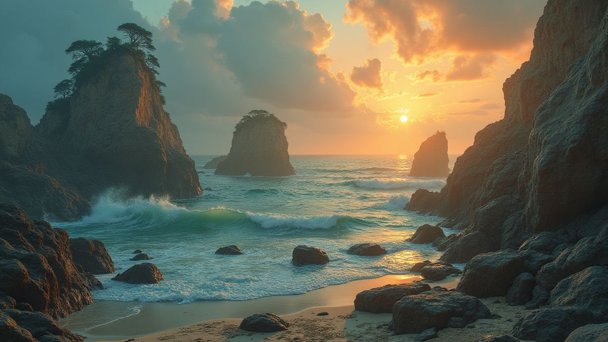 Sirenas inspiradas en la Antigua Grecia cantando en costas rocosas.