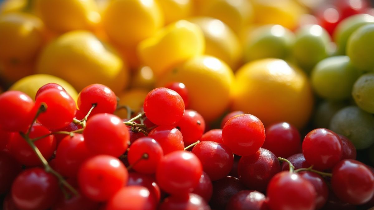 Cerejas, limões e uvas brilhantes sob a luz do sol.