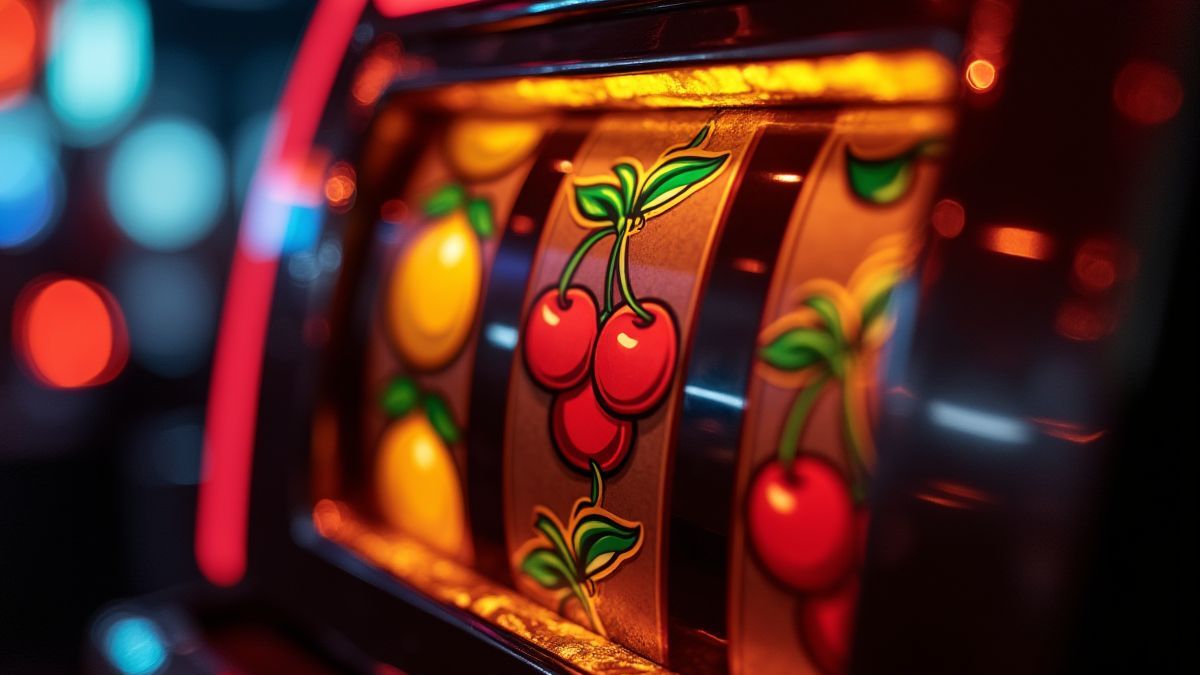 Máquina caça-níqueis clássica com símbolos de frutas sob luzes de cassino.
