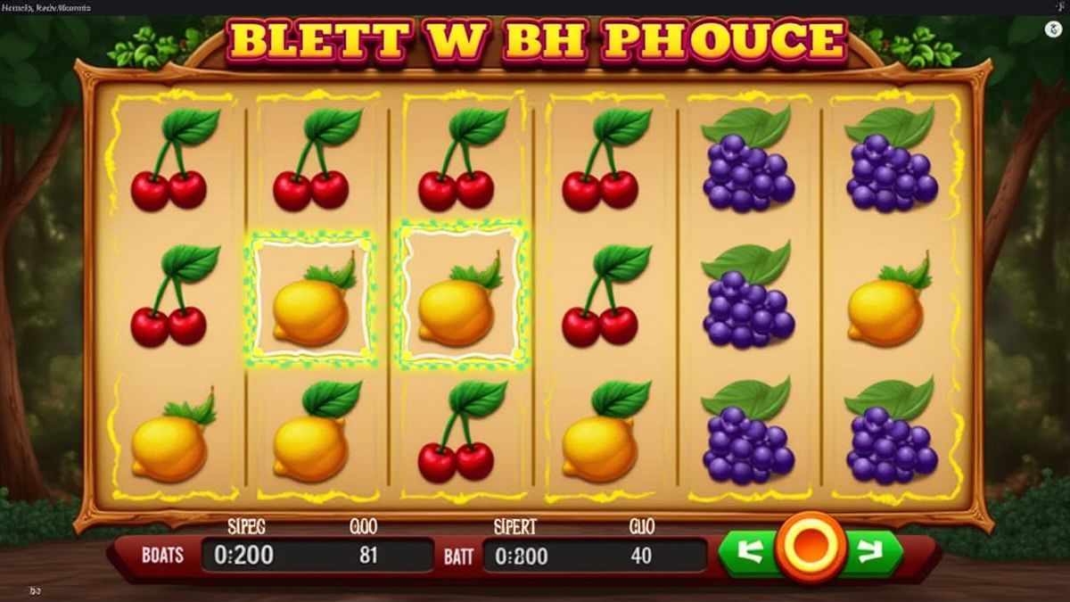 Interface de slot com temática de frutas e linhas de pagamento destacadas.