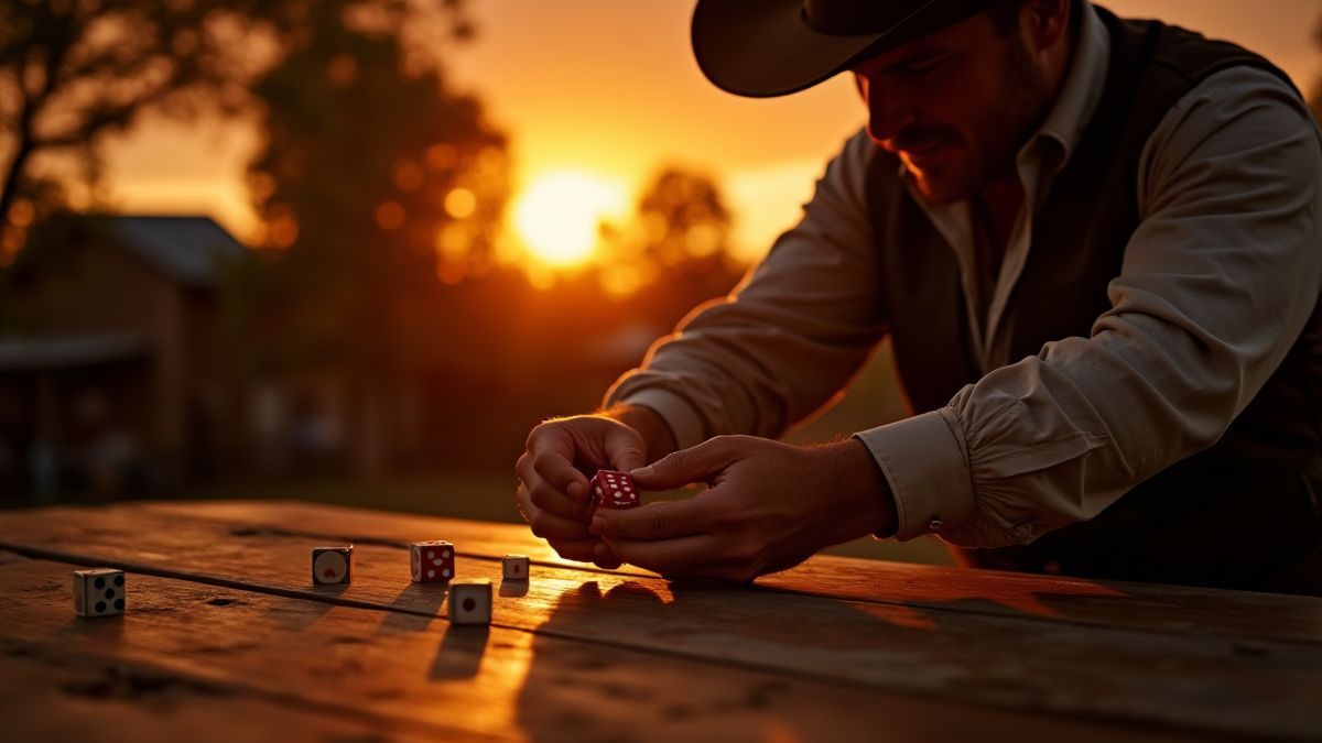 Un vaquero lançant des dés sur une table de saloon au crépuscule.