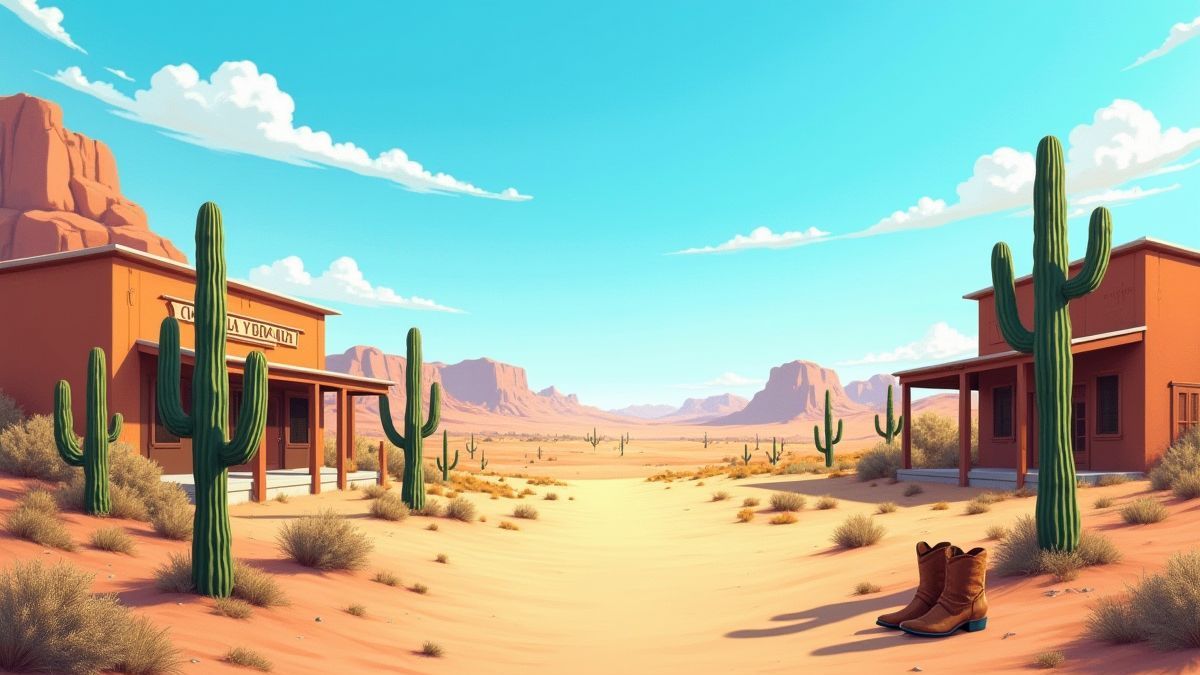 Paysage désertique avec des cactus et des saloons sous un ciel bleu.