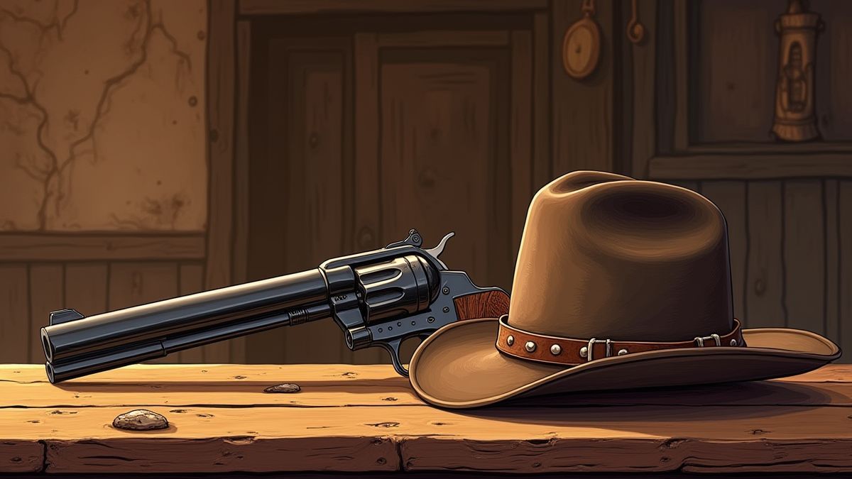 Sombrero de vaquero y revólver sobre una mesa de madera en un salón.