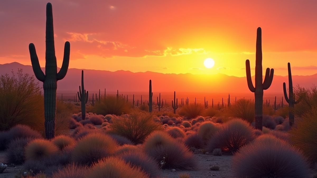 Paisaje desértico con cactus y montañas al atardecer.