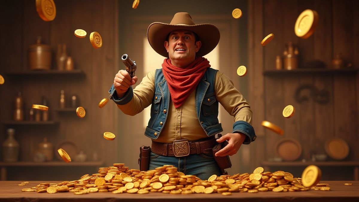 Ein Cowboy, der an einem Spielautomaten spielt.