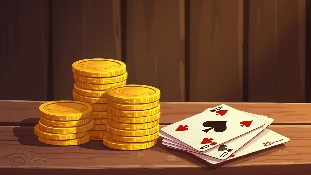 Goldmünzen und Karten auf einem Saloon-Tisch.